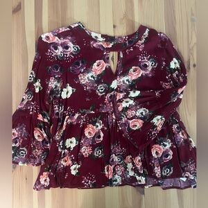 Altar'd State Maroon Floral Bell Sleeve Top